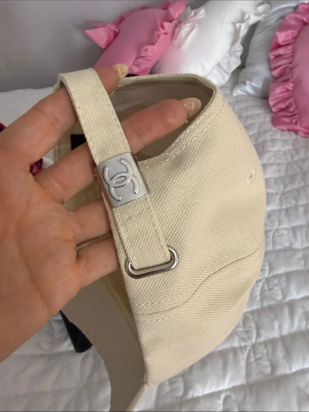CHANEL Cream Baseball Cap with Navy Embroidered Logo